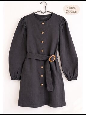 PrettyLittleThing Black Cotton Button Front Puff Sleeve Belted Dress size 4